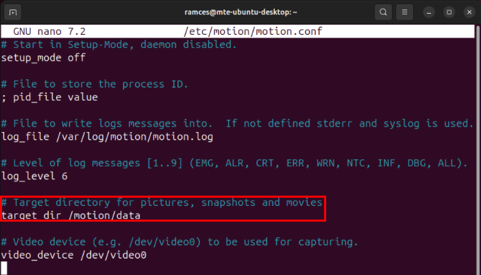 A terminal highlighting the custom data directory for Motion.