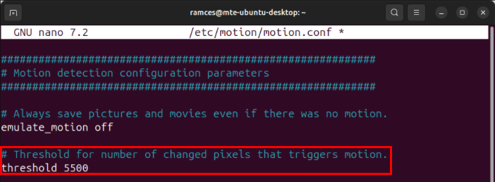 A terminal showing a customized threshold value for the Motion server.