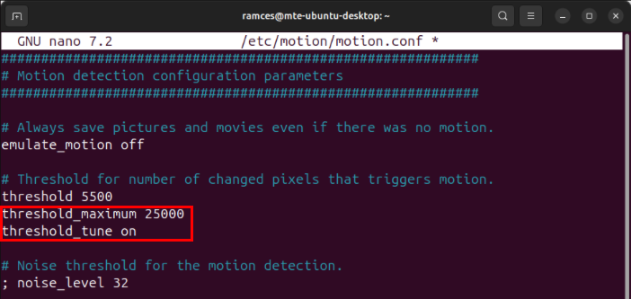 A terminal showing the different pixel threshold options for Motion.
