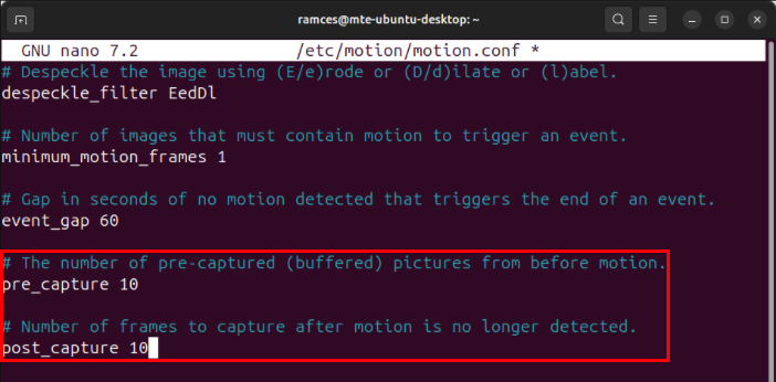 A terminal showing the additional frames when capturing images and video in Motion.