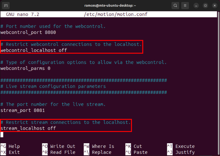 A terminal showing the two options that you need to disable to allow remote systems to access the Motion web console.