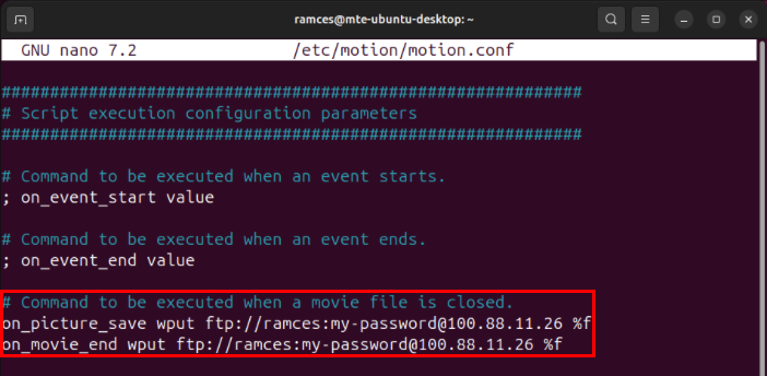 A terminal showing the two script hooks for saving captured media on a remote server.