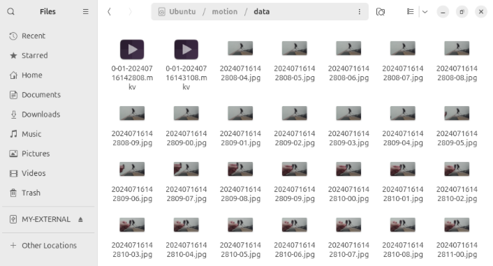 A screenshot showing Motion saving its captured media on a custom directory.