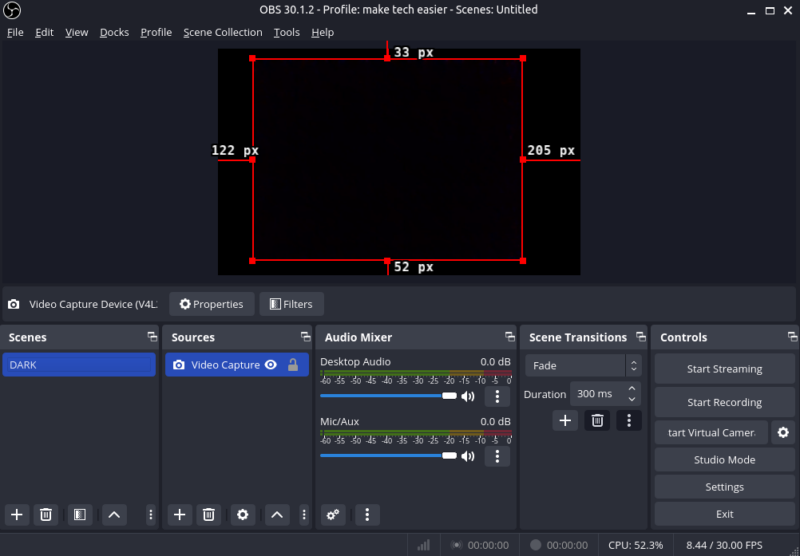 OBS Studio interface showing a scene creating from the webcam source.