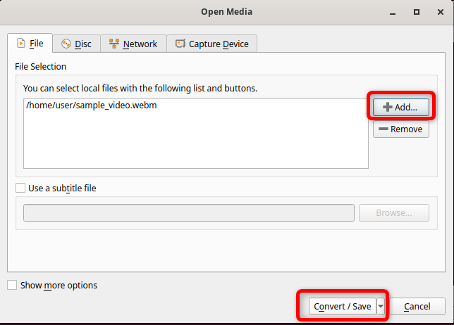 Opening and selecting WebM video files in Open Media window