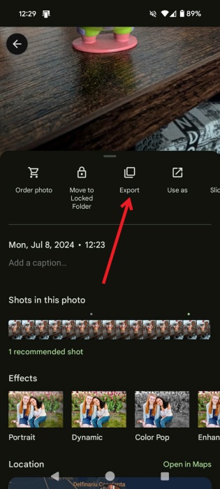 Selecting Export option in Google Photos app.