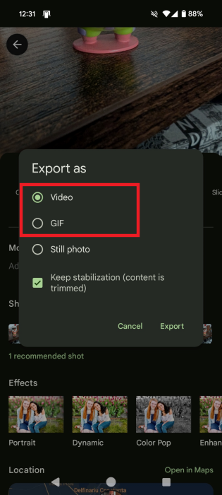 Selecting to save Motion Photo as either Video or GIF in Google Photos.