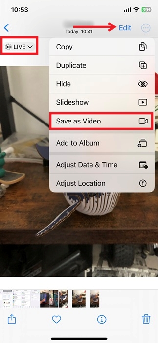 Tap on "Save as Video" option in Live Photo view on iPhone.