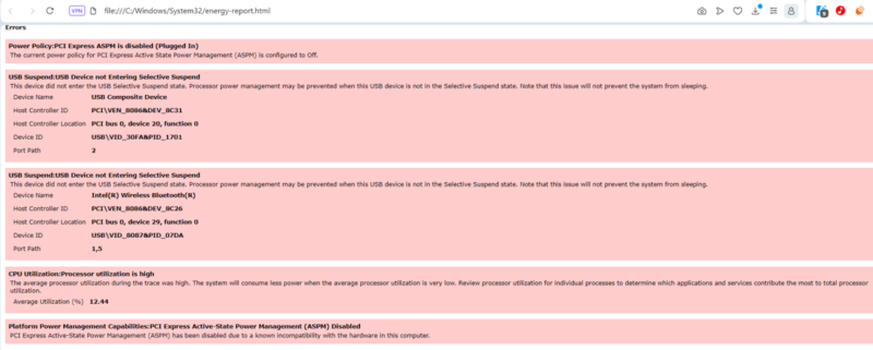 Power Report of misconfigured settings
