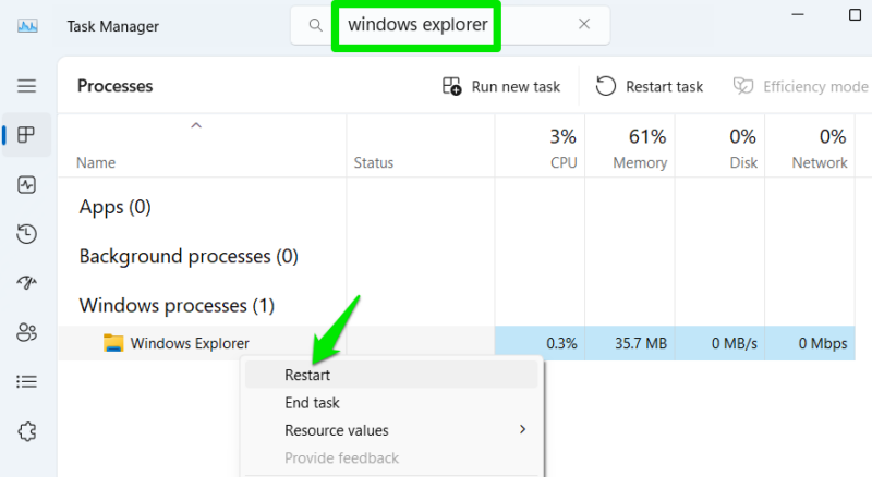 Restart File Explorer from the Task Manager