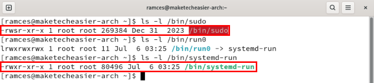 A terminal highlighting the setuid properties of the sudo binary compared to run0.