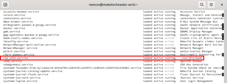 A terminal highlighting the PTY root process showing up on the system's systemctl.