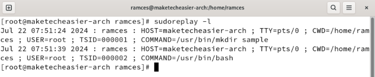 A terminal showing the output of the sudoreplay command listing all the sudo commands ran in the system.
