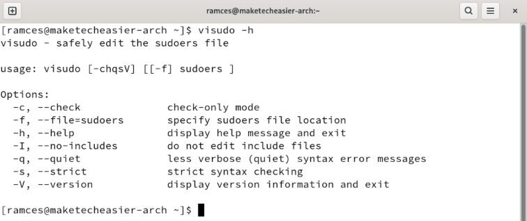 A terminal showing the help screen for the visudo utility.