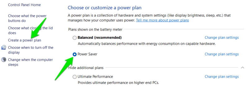 Select Power Saver Plan in Windows Settings