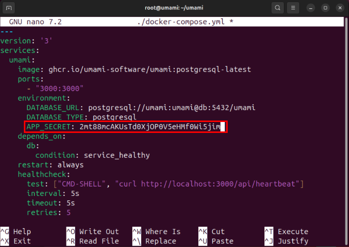 A terminal highlighting the random string of text acting as the app secret for Umami.