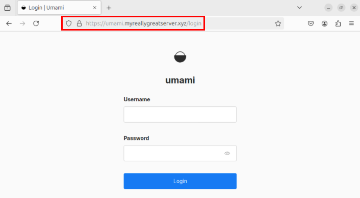 A screenshot highlighting the address bar for the Umami instance.