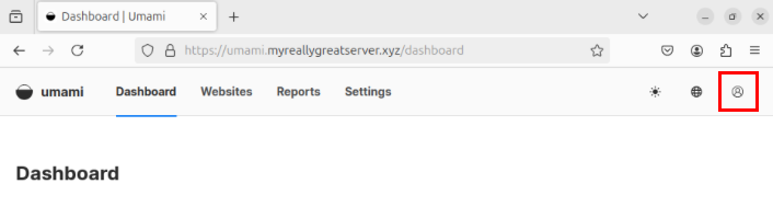 A screenshot showing the location of the profile picture icon on the Umami dashboard.