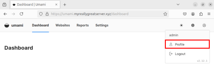 A screenshot showing the location of the "Profile" menu item in the Umami dashboard.