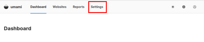 A screenshot highlighting the location of the "Settings" menu on the Umami dashboard.