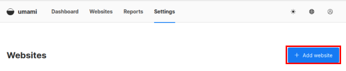 A screenshot showing the location of the "Add website" button inside the Umami Settings screen.