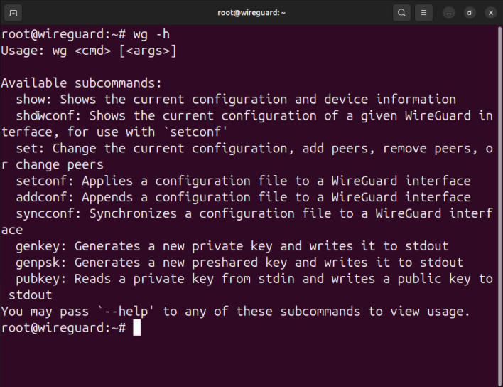 A terminal showing the help menu for the Wireguard userspace tool.