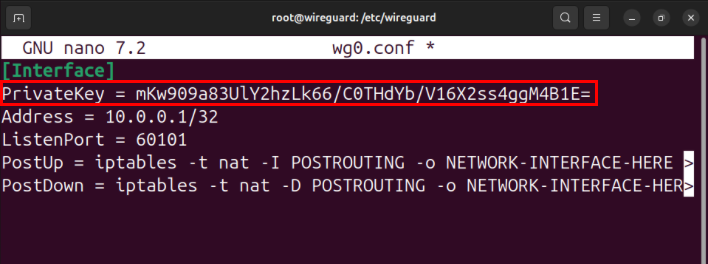 A terminal showing the server private key in the server's Wireguard config.