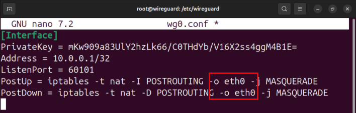 A terminal showing the proper device name in the Wireguard server's config file.