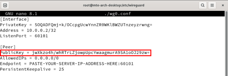 A terminal highlighting the Wireguard server's public key in the second client's config file.