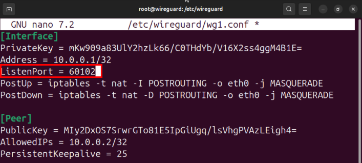 A terminal highlighting the modified ListenPort variable for the second Wireguard interface.