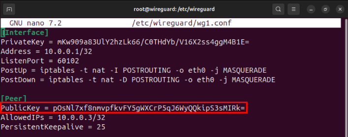 A terminal highlighting the second client's public key inside the server's wg1 config file.