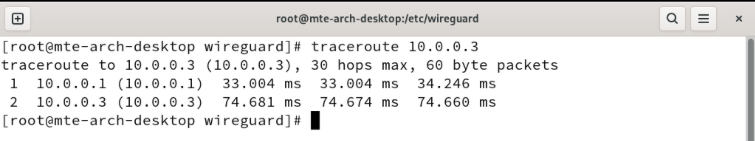 A terminal showing a successful traceroute command between two Wireguard nodes.