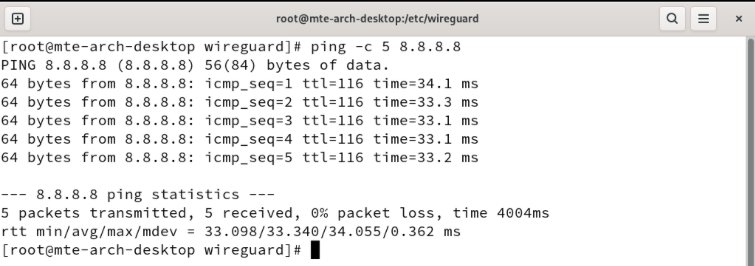 A terminal showing the latency from the Wireguard network to an external site.