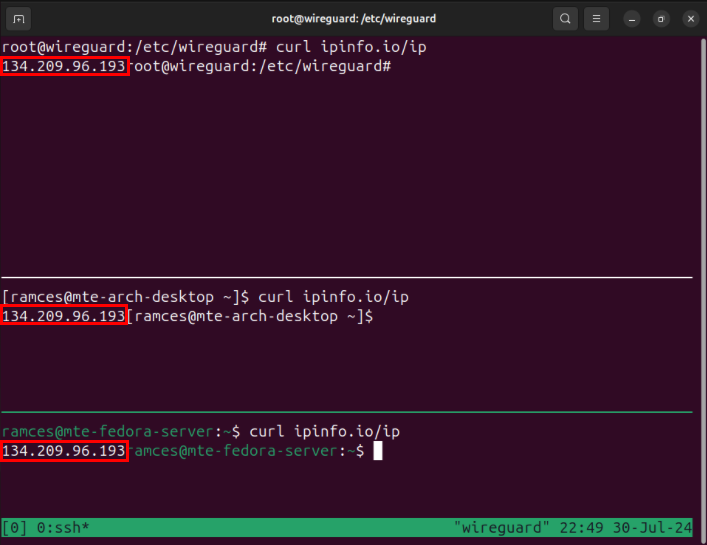 A terminal highlighting the similar external IP address across three Wireguard nodes.