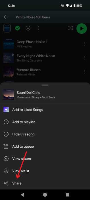 Pressing Share button for individual song in Spotify app for Android.