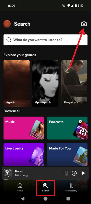 Tapping on the Camera icon in Spotify app for Android to scan Spotify code. 