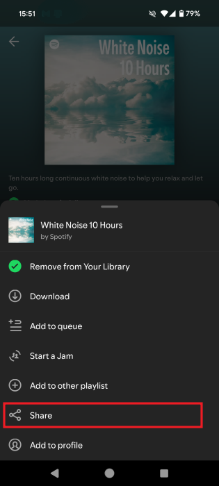 Pressing Share button for playlist in Spotify app for Android.