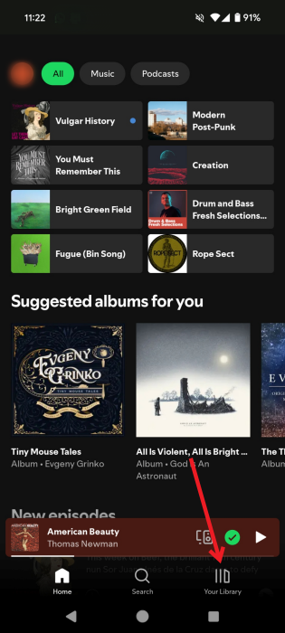 Clicking on "Your Library" in the Spotify app for Android.