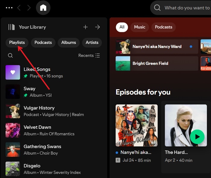 Clicking the Playlists button in Spotify on PC.