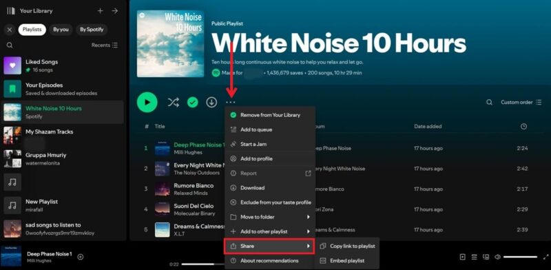 Pressing Share button in Playlist in the Spotify app for PC.