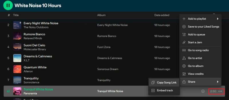 Clicking three dots for individual song in Spotify desktop client and selecting Share. 