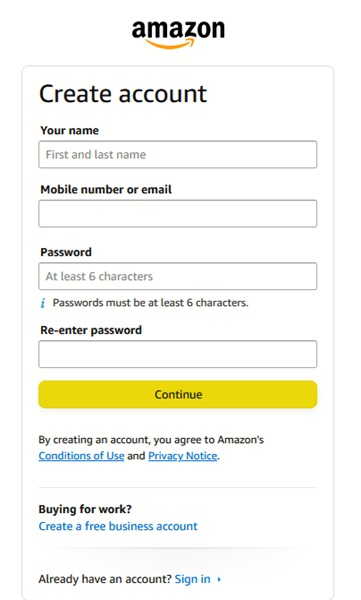 Creating new account on Amazon via web browser.