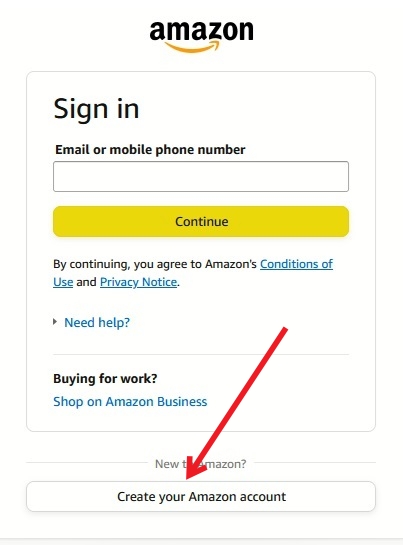 Pressing on the "Create your Amazon account" button in Amazon on PC.