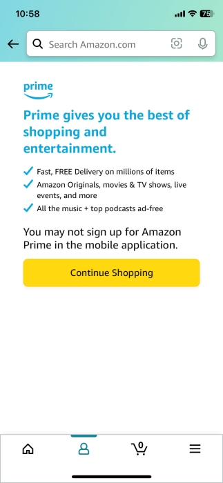 You can't sign up for Prime from the Amazon Shopping app on iPhone.