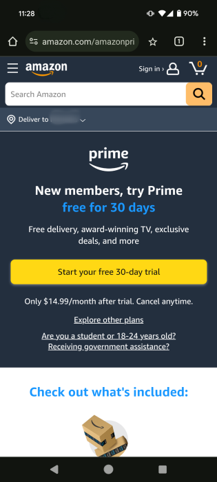 Sign Up Amazon Prime Mobile Browser Start Trial