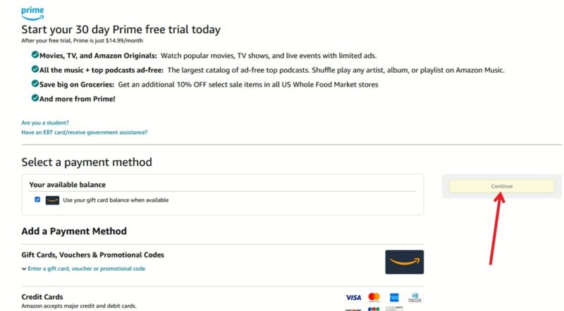 Selecting a payment method for Amazon Prime subscription on Amazon on the web.