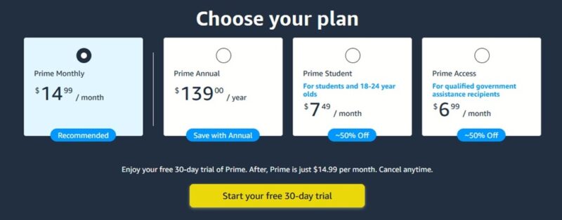 Choosing a Prime plan on Amazon on the web. 