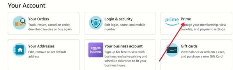 Clicking on Prime in Your Account screen on Amazon in web browser. 