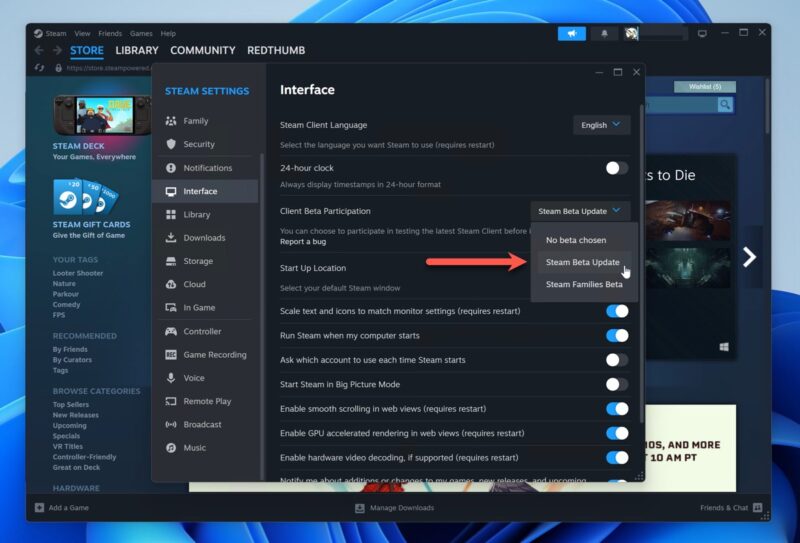 Steam Beta Updates Selected