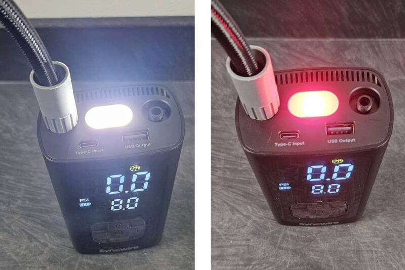 Two types of light on the Syncwire tire inflator.